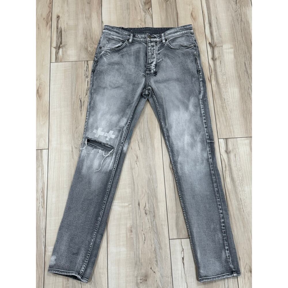 Ksubi Men's Slim Gray Washed Jeans with Knee Rip